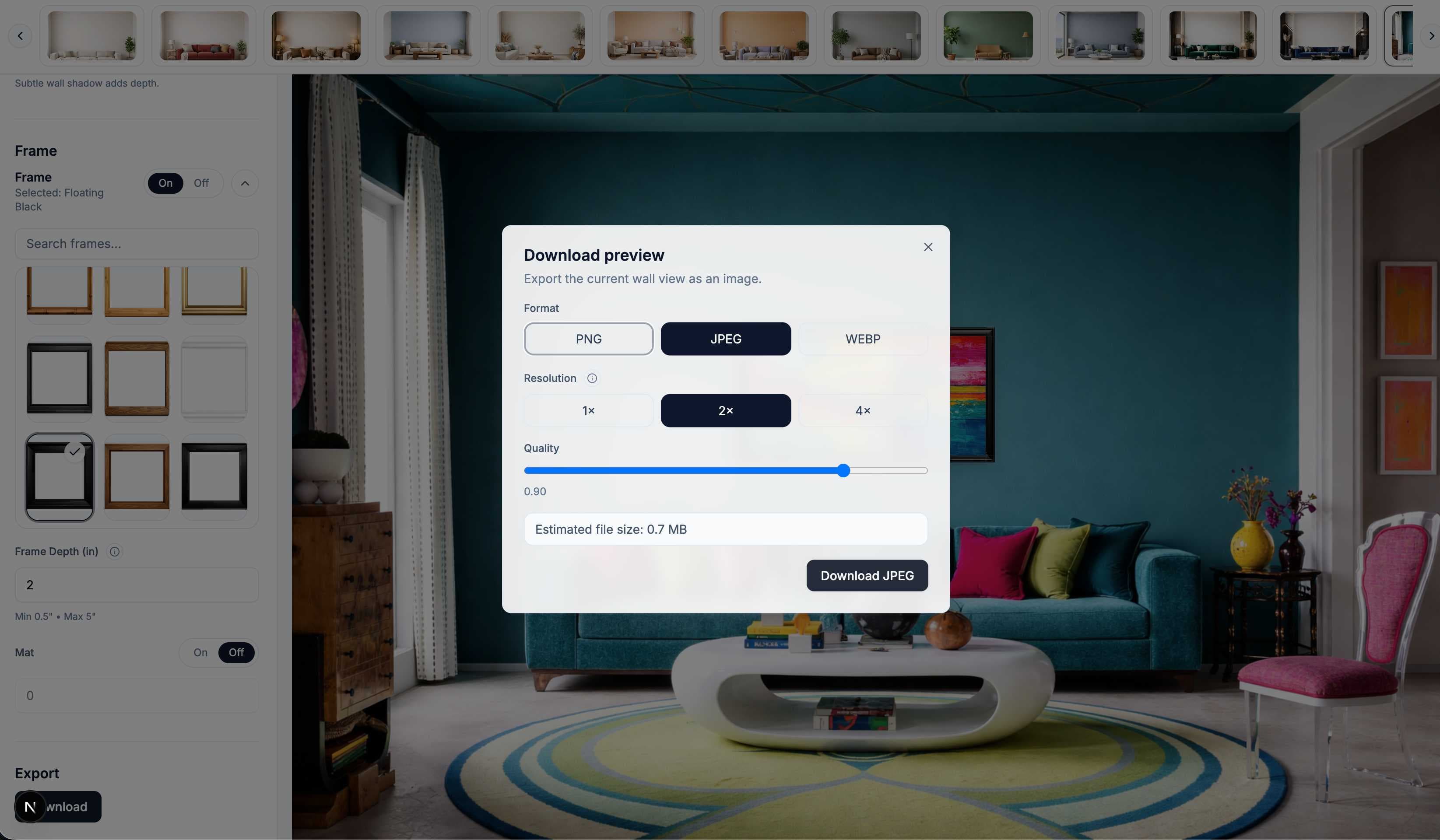Export a realistic wall art mockup preview for listings