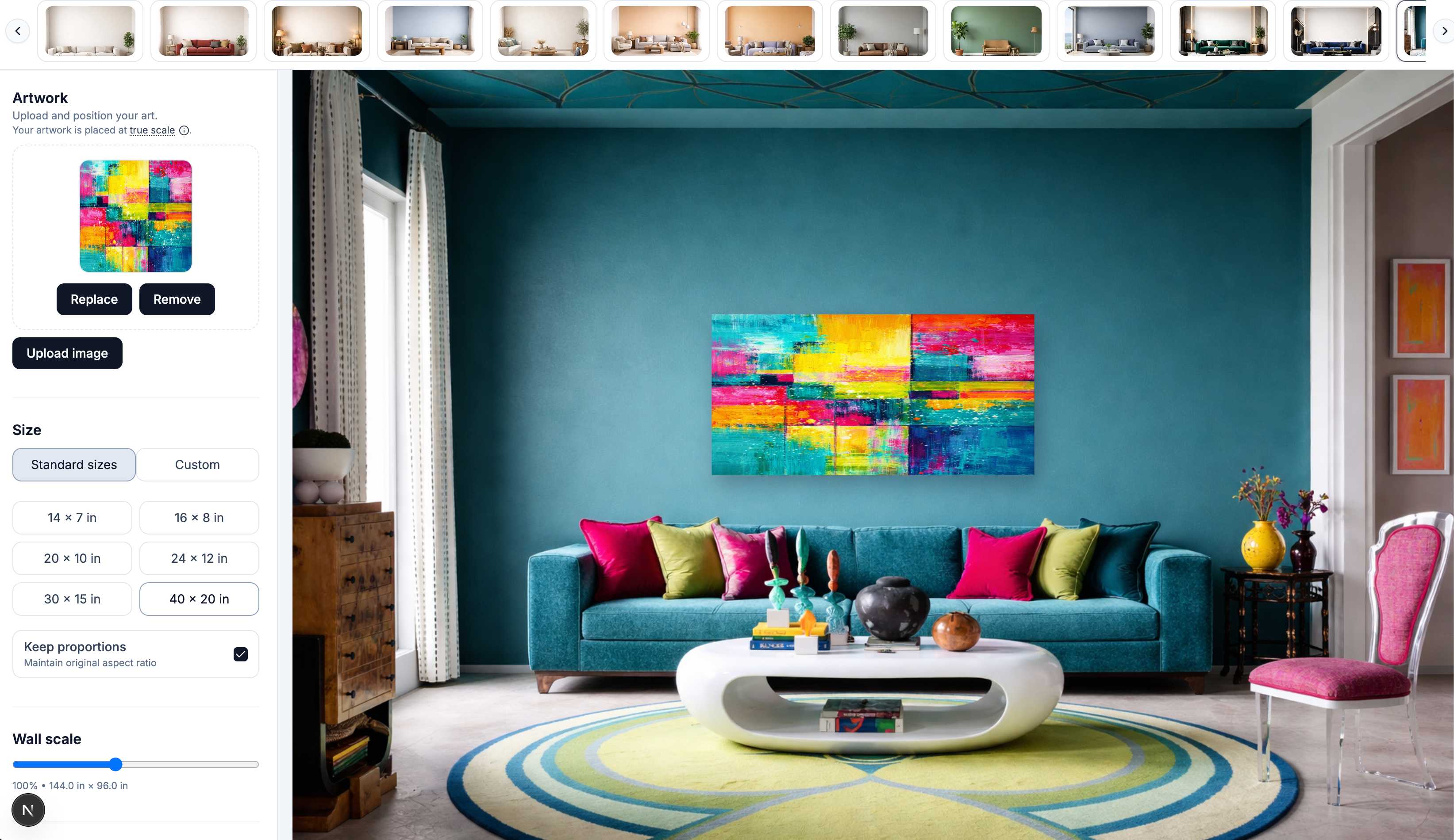 Upload artwork into the wall mockup editor and choose a room scene