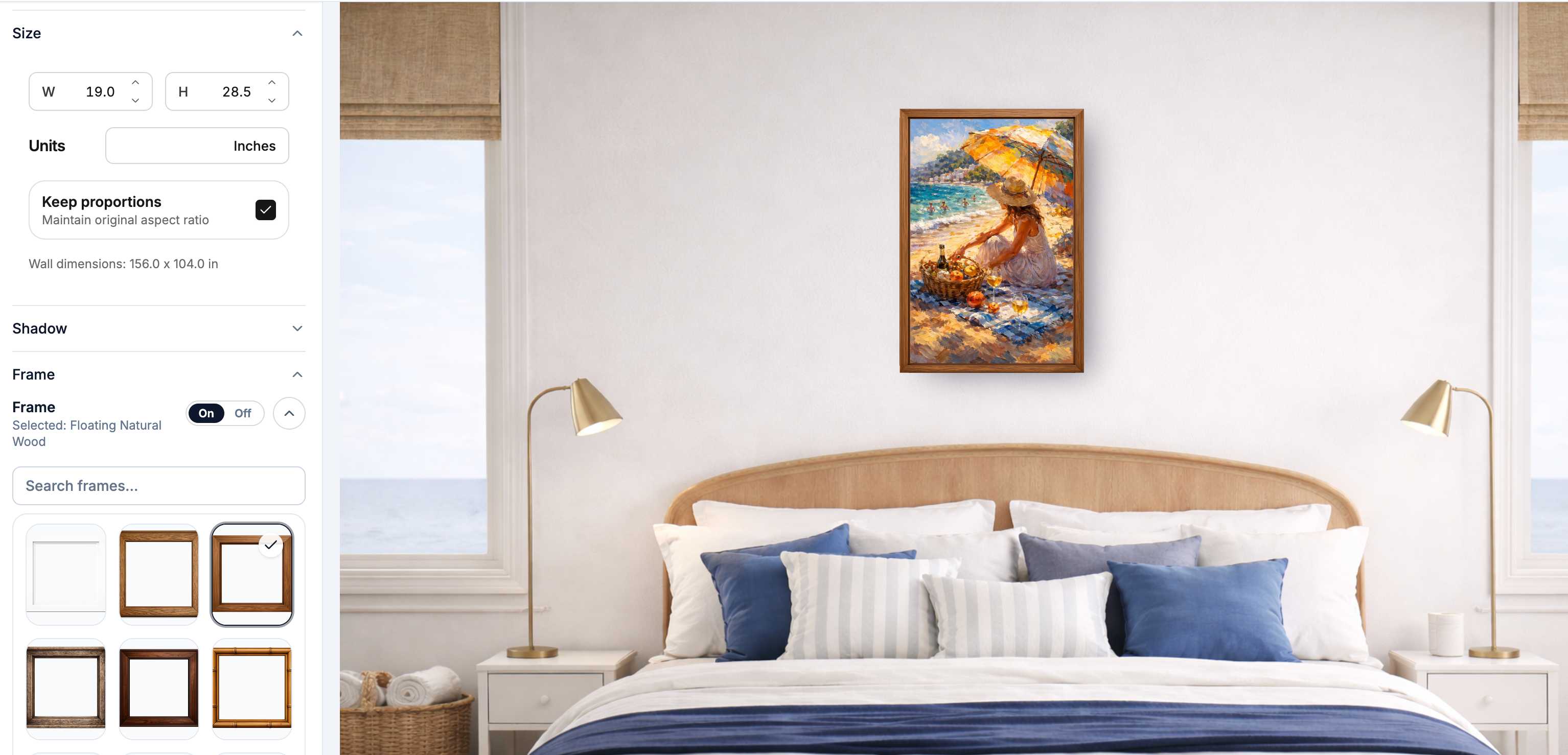 A framed print mockup with size and frame controls visible for checking wall scale before hanging